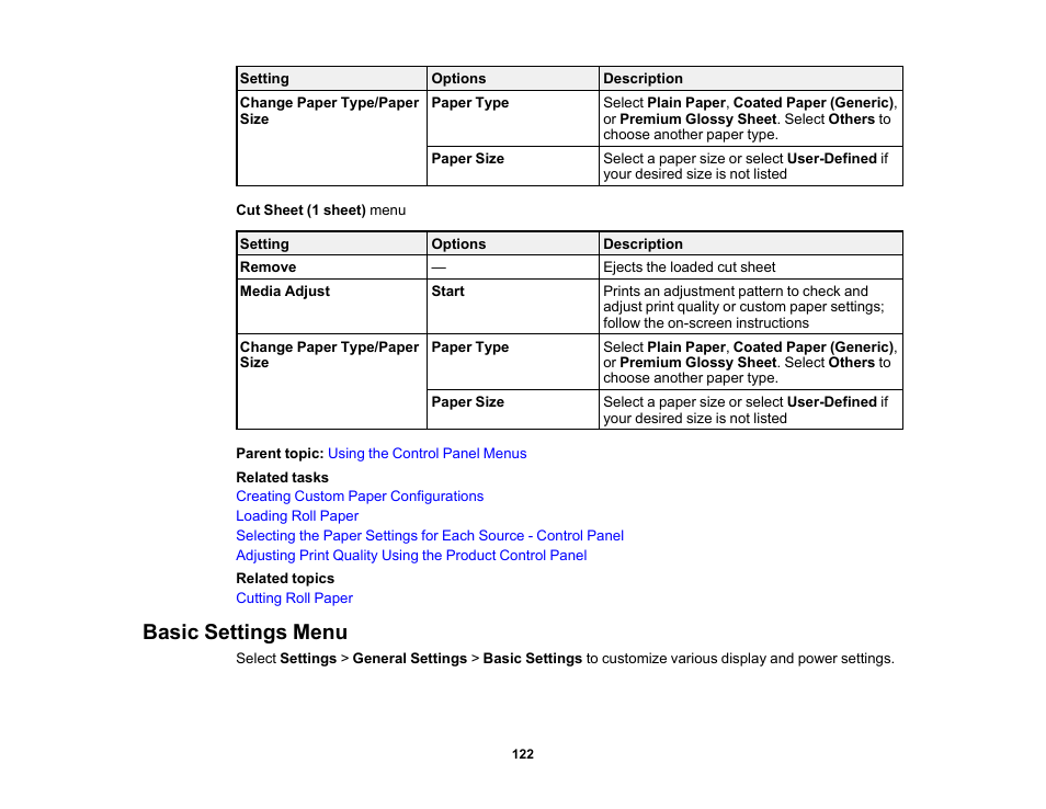 Basic settings menu | Epson SureColor T3170x 24" Desktop Printer User Manual | Page 122 / 216