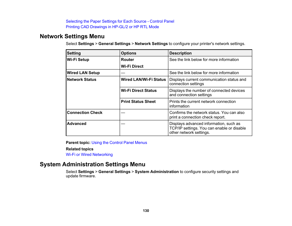 Network settings menu, System administration settings menu | Epson SureColor T3170x 24" Desktop Printer User Manual | Page 130 / 216