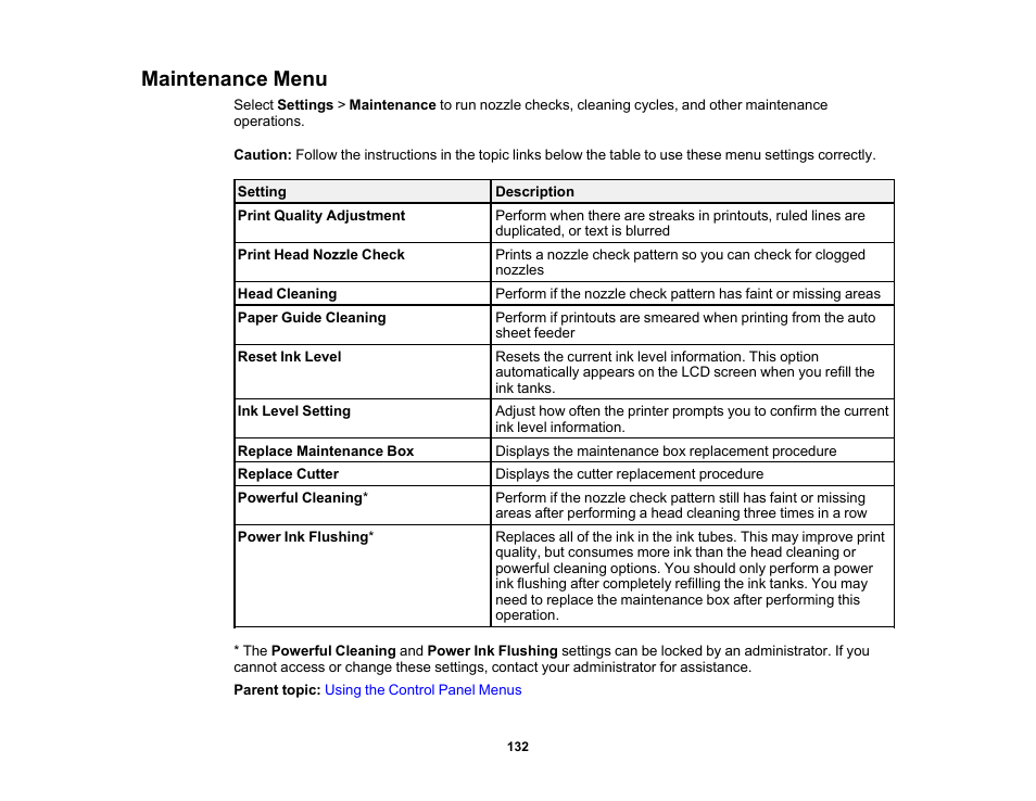 Maintenance menu | Epson SureColor T3170x 24" Desktop Printer User Manual | Page 132 / 216