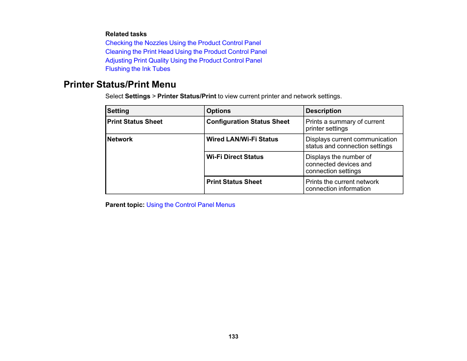 Printer status/print menu | Epson SureColor T3170x 24" Desktop Printer User Manual | Page 133 / 216