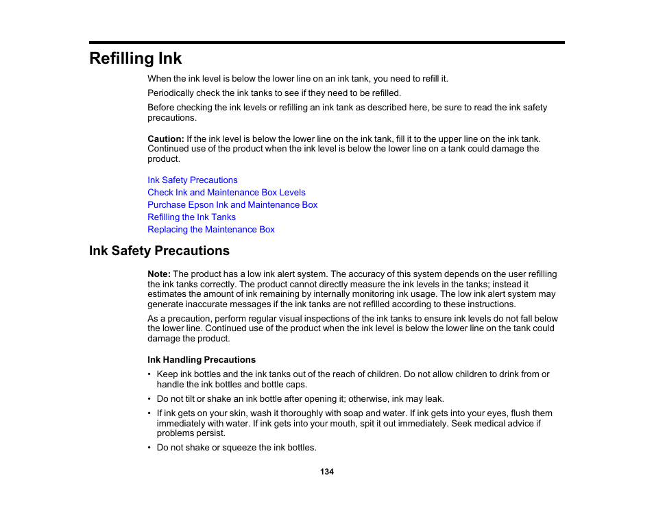 Refilling ink, Ink safety precautions | Epson SureColor T3170x 24" Desktop Printer User Manual | Page 134 / 216