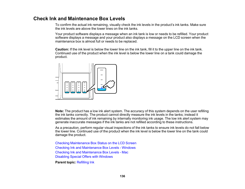 Check ink and maintenance box levels | Epson SureColor T3170x 24" Desktop Printer User Manual | Page 136 / 216
