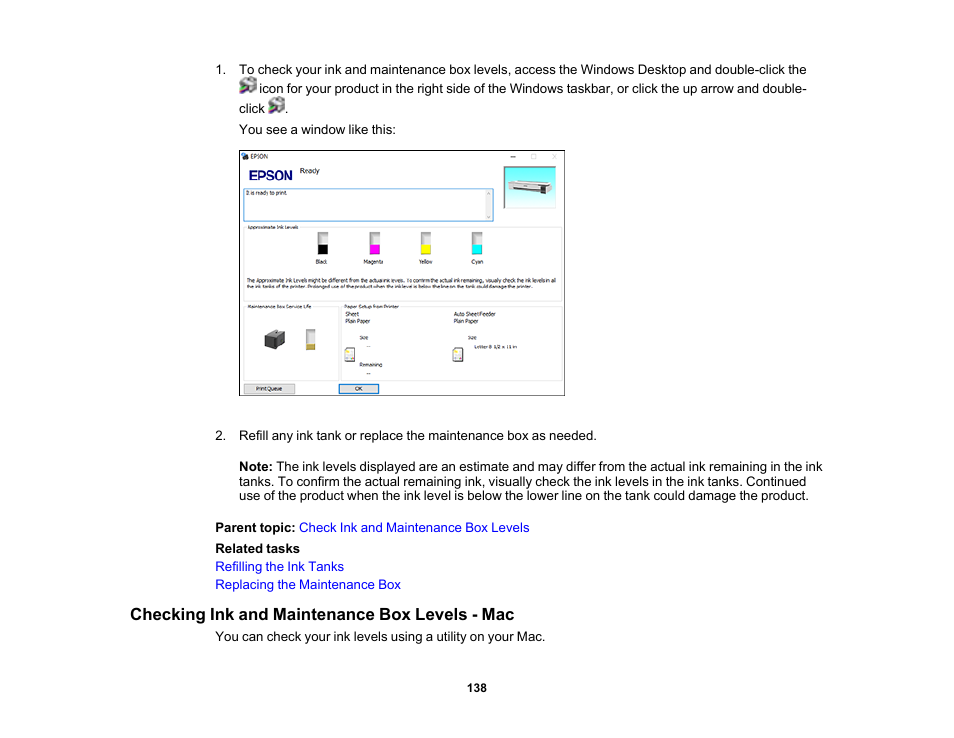 Checking ink and maintenance box levels - mac | Epson SureColor T3170x 24" Desktop Printer User Manual | Page 138 / 216