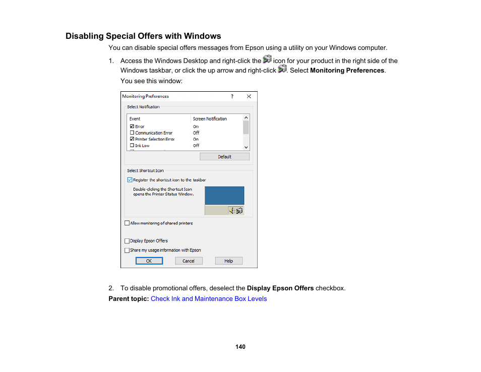 Disabling special offers with windows | Epson SureColor T3170x 24" Desktop Printer User Manual | Page 140 / 216