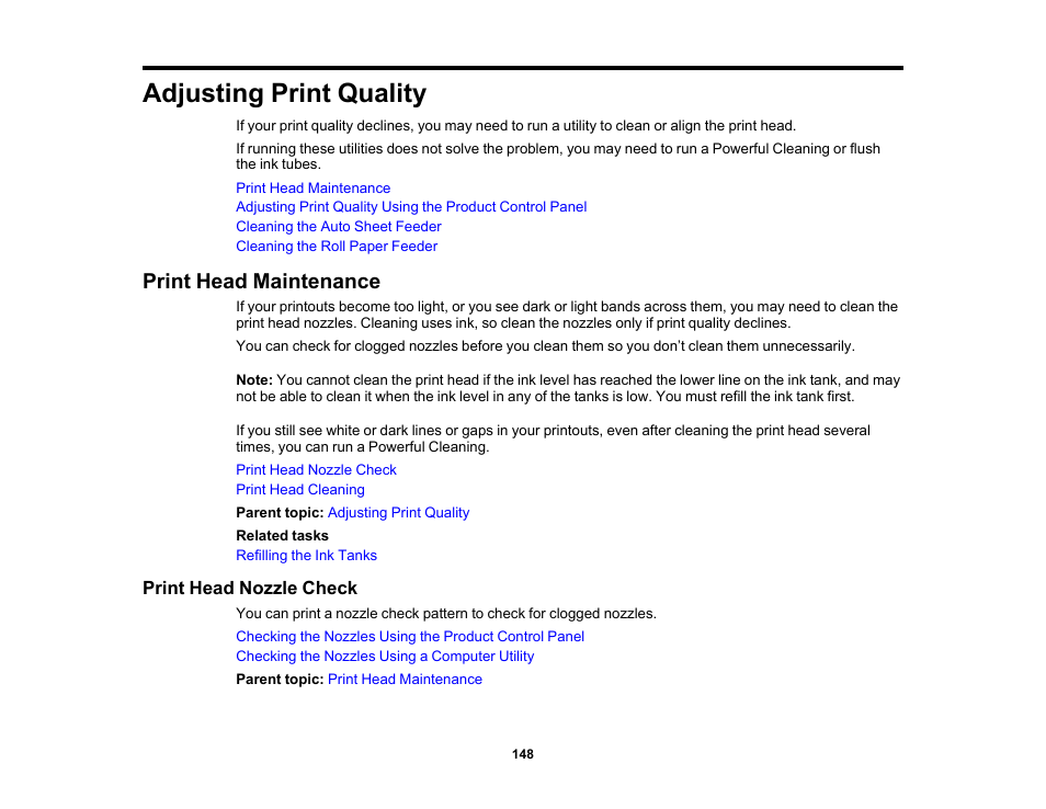 Adjusting print quality, Print head maintenance, Print head nozzle check | Epson SureColor T3170x 24" Desktop Printer User Manual | Page 148 / 216