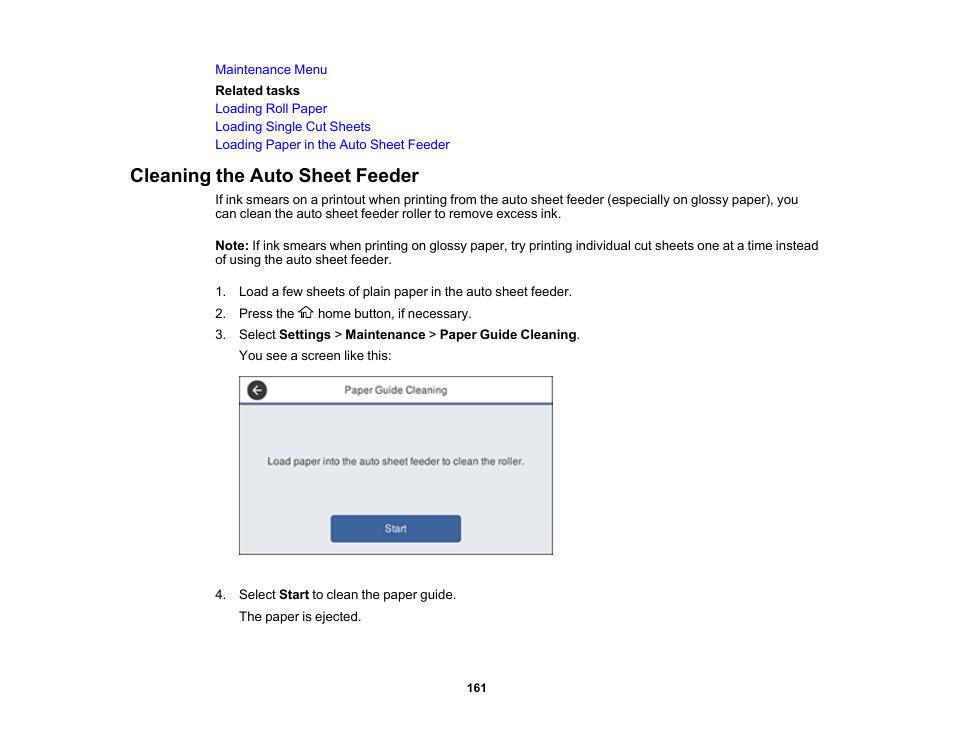 Cleaning the auto sheet feeder | Epson SureColor T3170x 24" Desktop Printer User Manual | Page 161 / 216