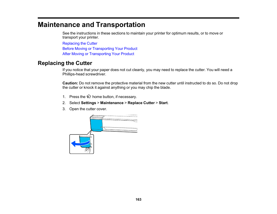 Maintenance and transportation, Replacing the cutter | Epson SureColor T3170x 24" Desktop Printer User Manual | Page 163 / 216