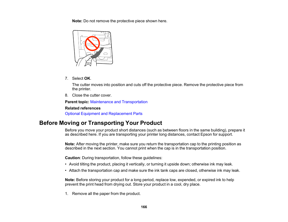 Before moving or transporting your product | Epson SureColor T3170x 24" Desktop Printer User Manual | Page 166 / 216