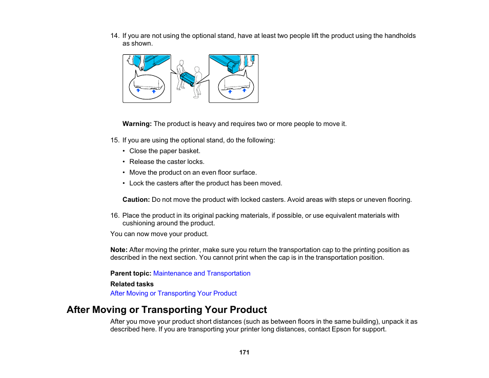 After moving or transporting your product | Epson SureColor T3170x 24" Desktop Printer User Manual | Page 171 / 216