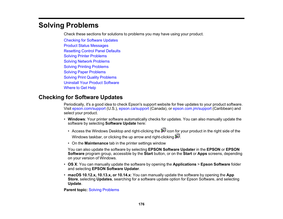 Solving problems, Checking for software updates | Epson SureColor T3170x 24" Desktop Printer User Manual | Page 176 / 216