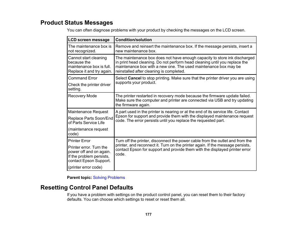 Product status messages, Resetting control panel defaults | Epson SureColor T3170x 24" Desktop Printer User Manual | Page 177 / 216