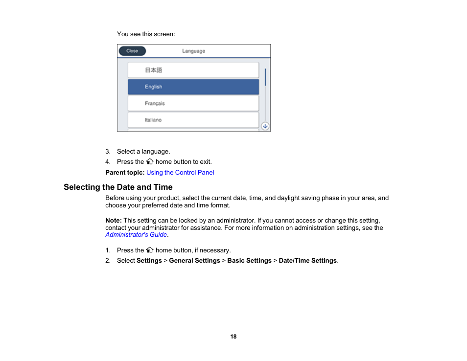 Selecting the date and time | Epson SureColor T3170x 24" Desktop Printer User Manual | Page 18 / 216