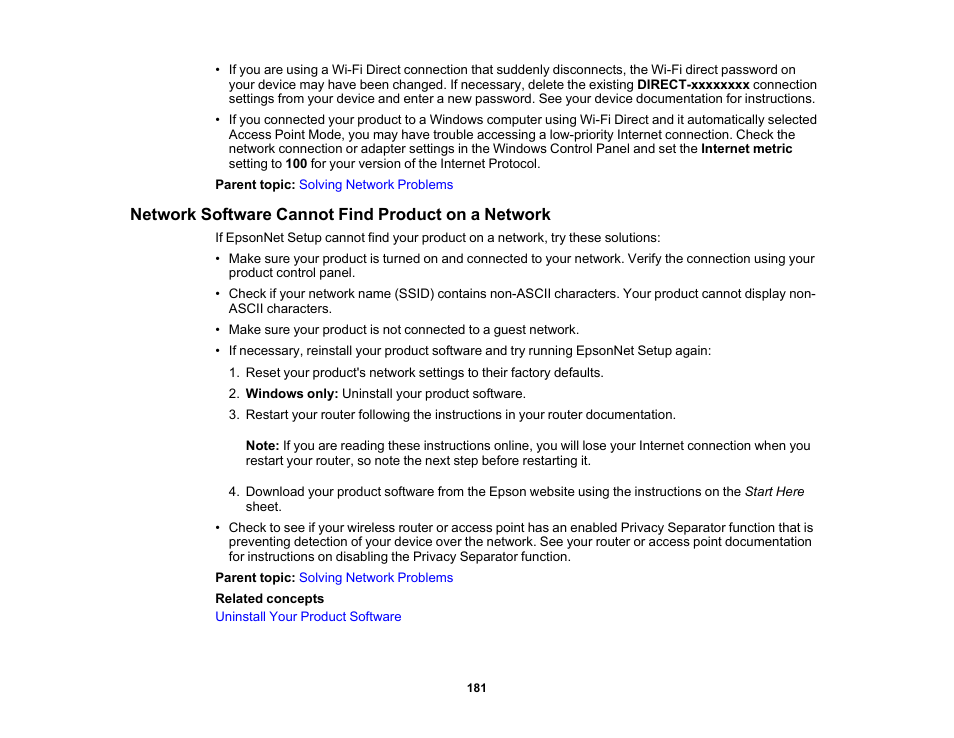Network software cannot find product on a network | Epson SureColor T3170x 24" Desktop Printer User Manual | Page 181 / 216