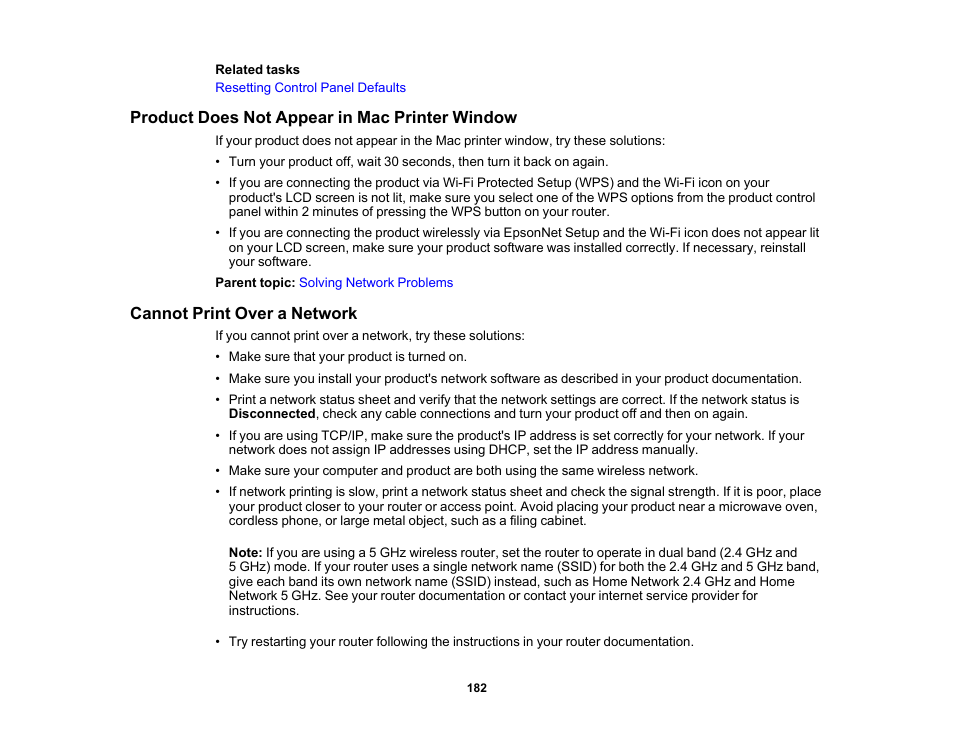 Product does not appear in mac printer window, Cannot print over a network | Epson SureColor T3170x 24" Desktop Printer User Manual | Page 182 / 216