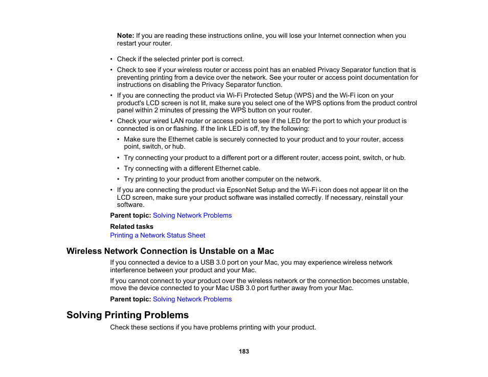 Wireless network connection is unstable on a mac, Solving printing problems | Epson SureColor T3170x 24" Desktop Printer User Manual | Page 183 / 216