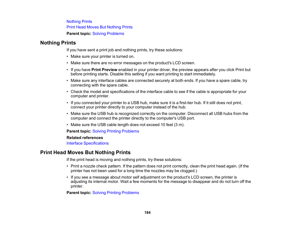 Nothing prints, Print head moves but nothing prints, Nothing prints print head moves but nothing prints | Epson SureColor T3170x 24" Desktop Printer User Manual | Page 184 / 216