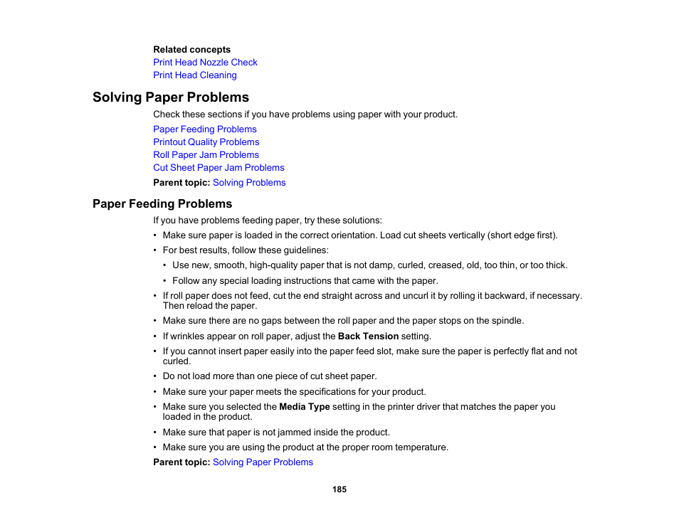 Solving paper problems, Paper feeding problems | Epson SureColor T3170x 24" Desktop Printer User Manual | Page 185 / 216