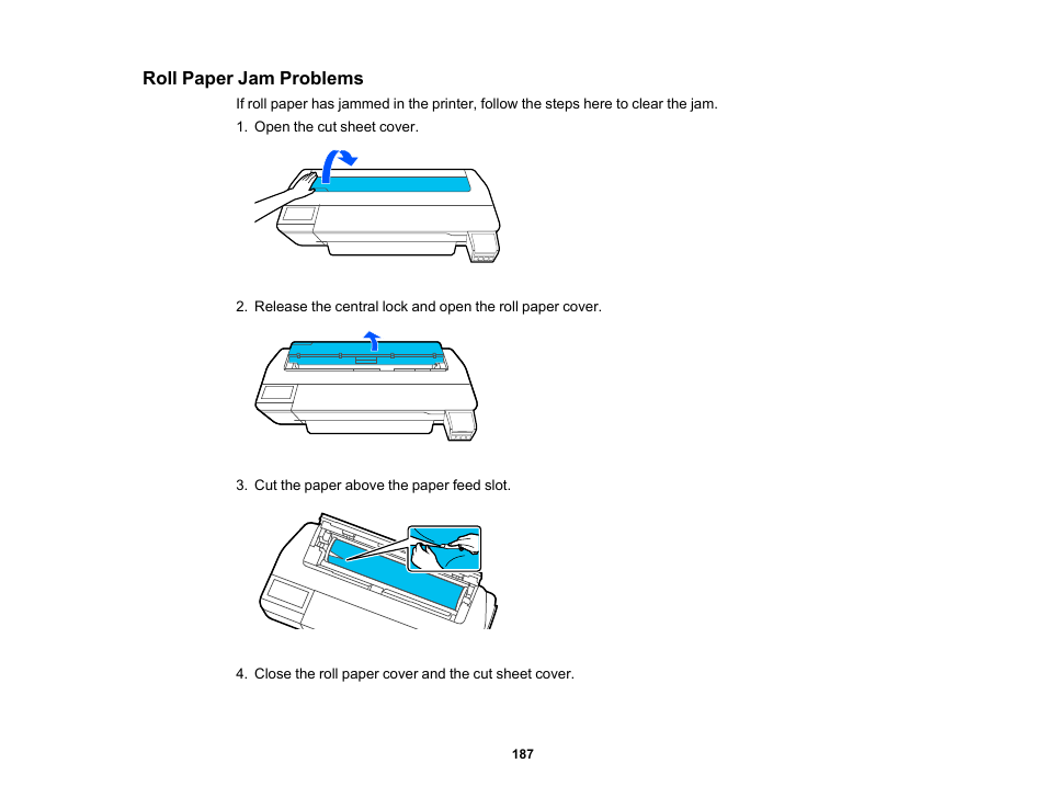 Roll paper jam problems | Epson SureColor T3170x 24" Desktop Printer User Manual | Page 187 / 216