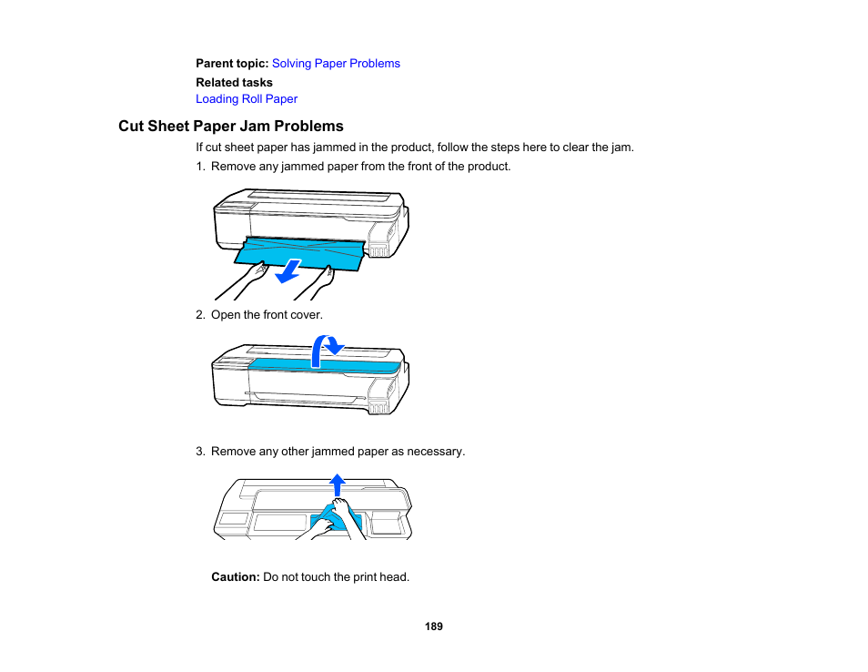 Cut sheet paper jam problems | Epson SureColor T3170x 24" Desktop Printer User Manual | Page 189 / 216