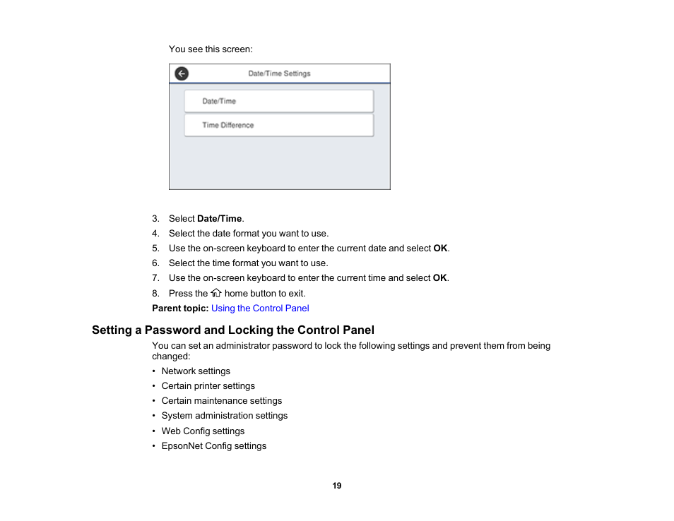 Setting a password and locking the control panel | Epson SureColor T3170x 24" Desktop Printer User Manual | Page 19 / 216