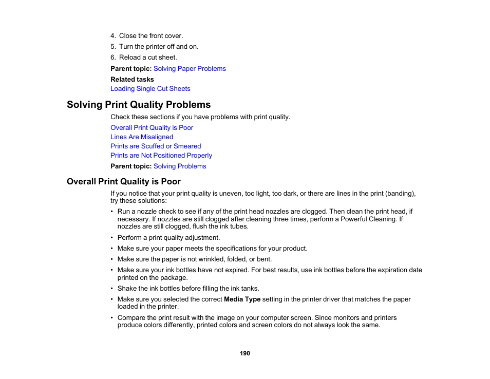 Solving print quality problems, Overall print quality is poor | Epson SureColor T3170x 24" Desktop Printer User Manual | Page 190 / 216