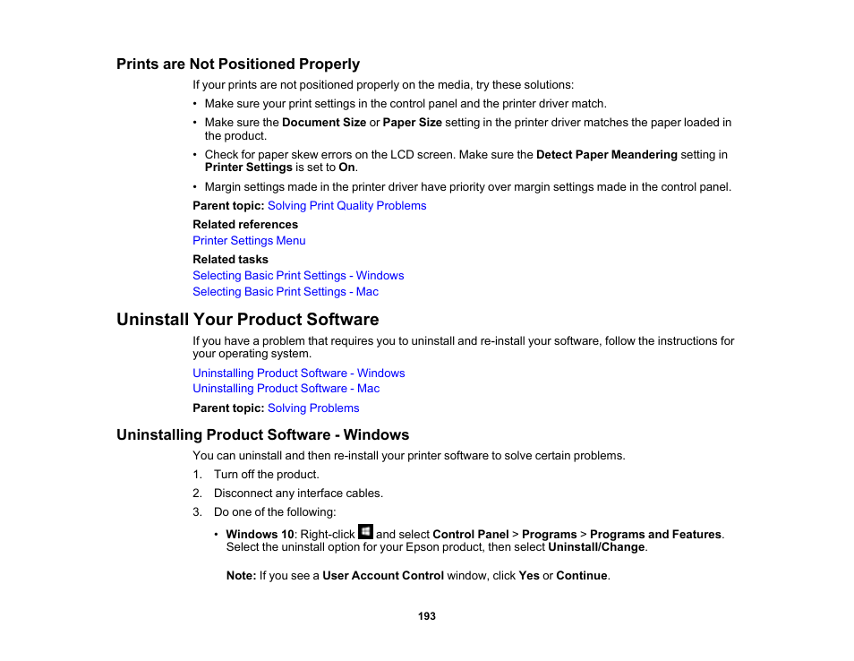 Prints are not positioned properly, Uninstall your product software, Uninstalling product software - windows | Epson SureColor T3170x 24" Desktop Printer User Manual | Page 193 / 216