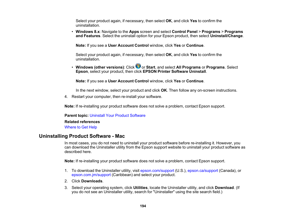 Uninstalling product software - mac | Epson SureColor T3170x 24" Desktop Printer User Manual | Page 194 / 216