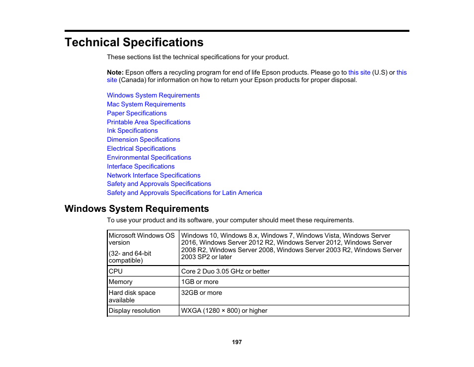 Technical specifications, Windows system requirements | Epson SureColor T3170x 24" Desktop Printer User Manual | Page 197 / 216