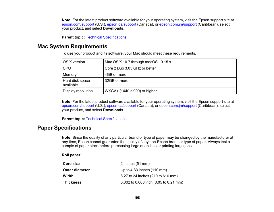Mac system requirements, Paper specifications, Mac system requirements paper specifications | Epson SureColor T3170x 24" Desktop Printer User Manual | Page 198 / 216