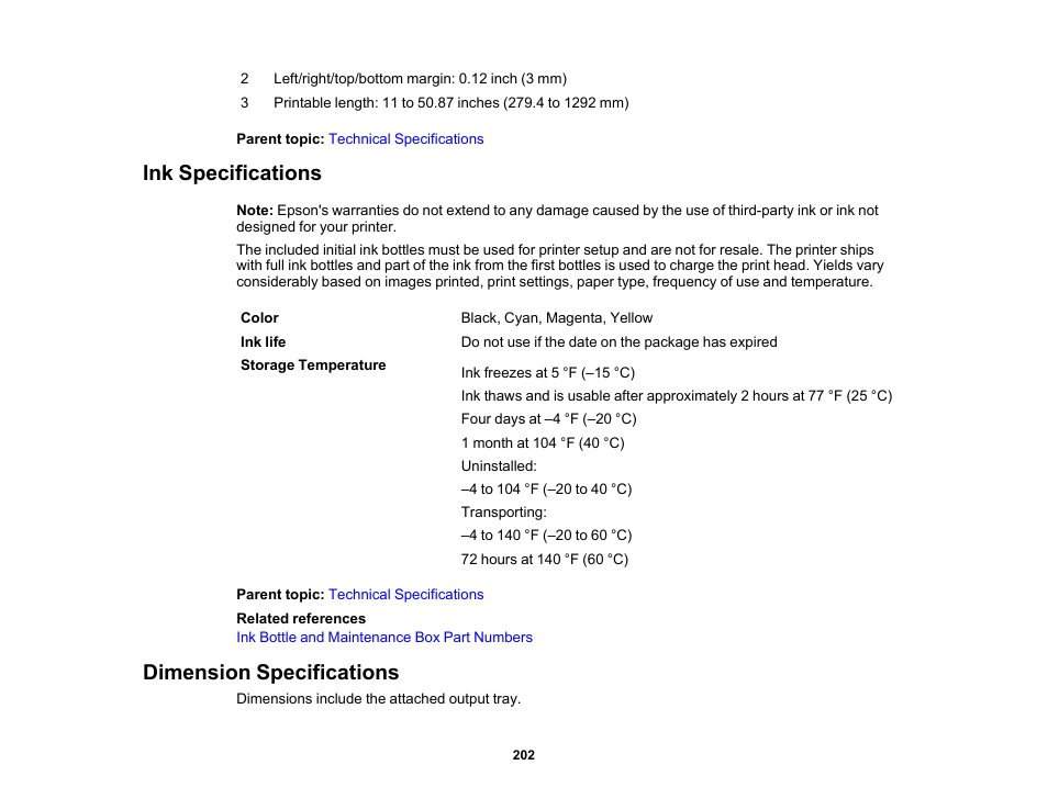 Ink specifications, Dimension specifications, Ink specifications dimension specifications | Epson SureColor T3170x 24" Desktop Printer User Manual | Page 202 / 216