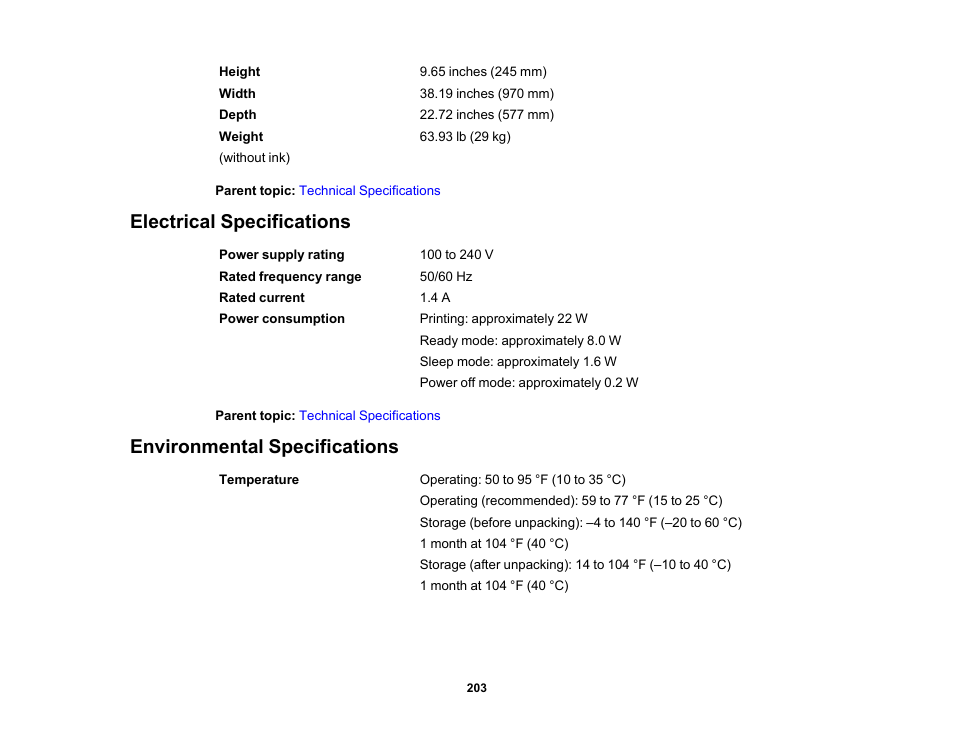 Electrical specifications, Environmental specifications | Epson SureColor T3170x 24" Desktop Printer User Manual | Page 203 / 216