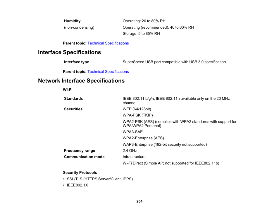 Interface specifications, Network interface specifications | Epson SureColor T3170x 24" Desktop Printer User Manual | Page 204 / 216