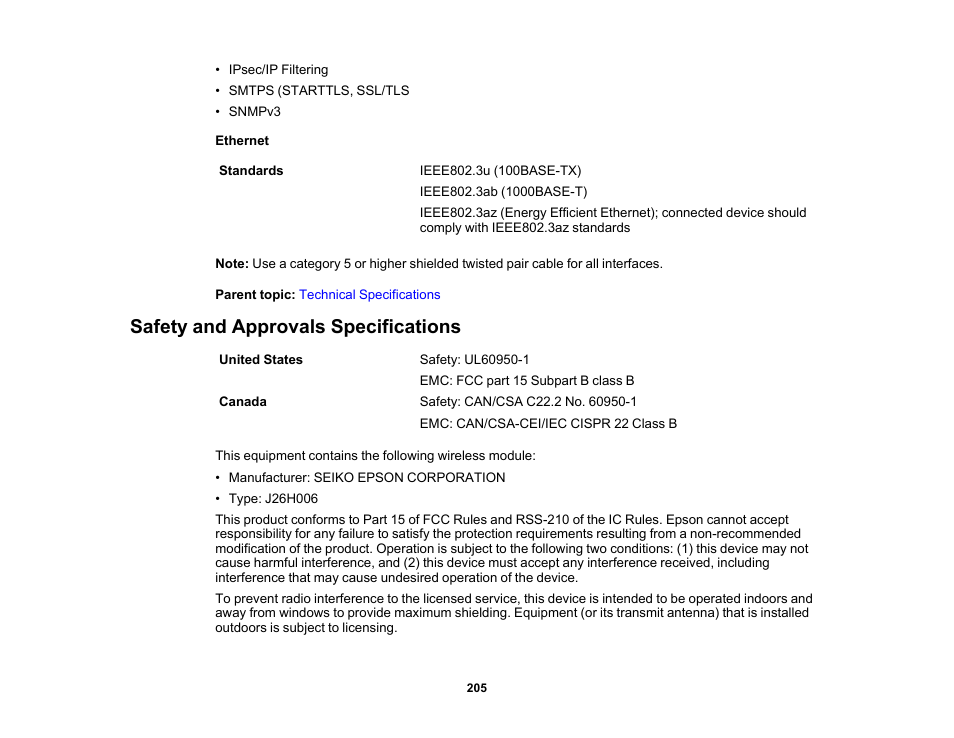 Safety and approvals specifications | Epson SureColor T3170x 24" Desktop Printer User Manual | Page 205 / 216