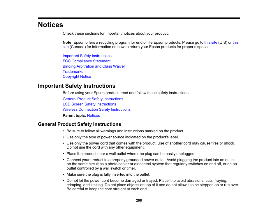 Notices, Important safety instructions, General product safety instructions | Epson SureColor T3170x 24" Desktop Printer User Manual | Page 208 / 216