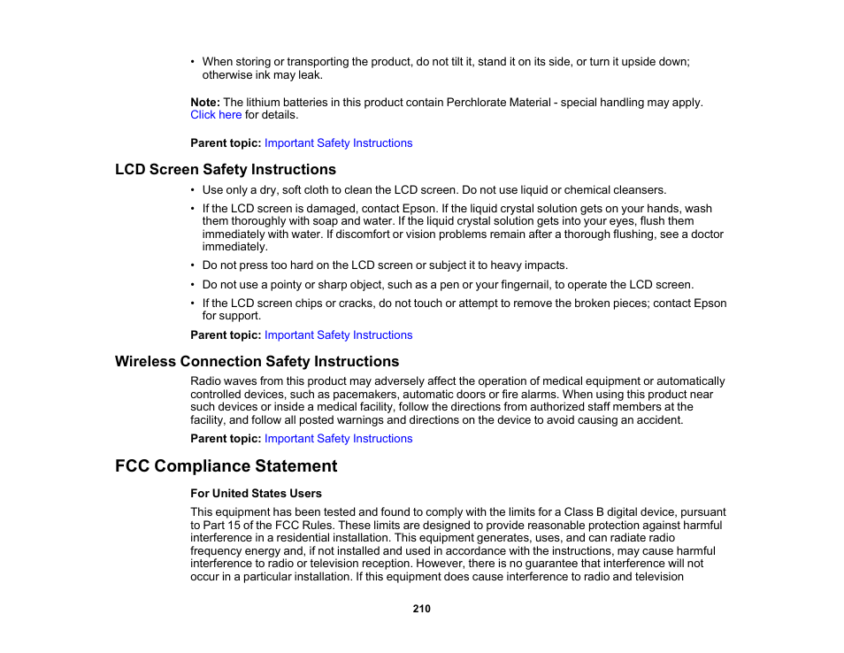 Lcd screen safety instructions, Wireless connection safety instructions, Fcc compliance statement | Epson SureColor T3170x 24" Desktop Printer User Manual | Page 210 / 216