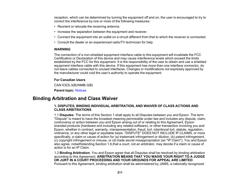 Binding arbitration and class waiver | Epson SureColor T3170x 24" Desktop Printer User Manual | Page 211 / 216