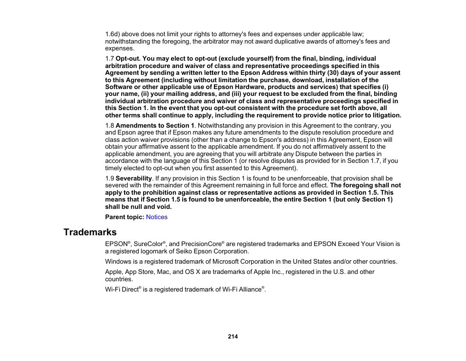Trademarks | Epson SureColor T3170x 24" Desktop Printer User Manual | Page 214 / 216