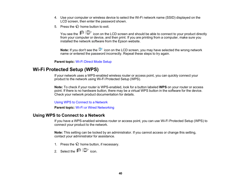 Wi-fi protected setup (wps), Using wps to connect to a network | Epson SureColor T3170x 24" Desktop Printer User Manual | Page 40 / 216