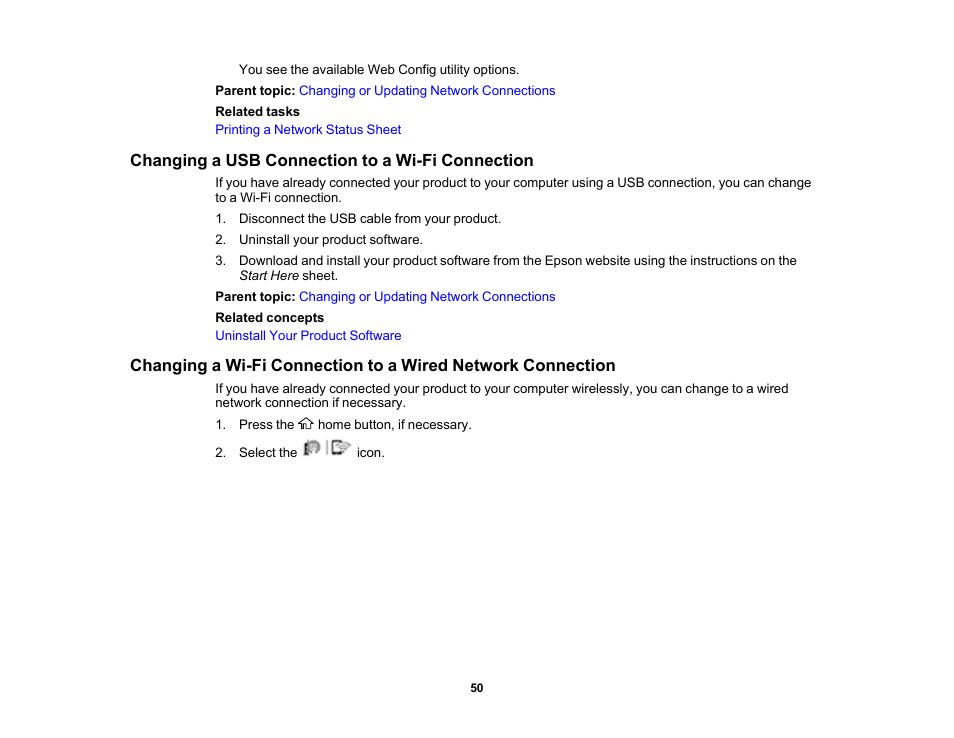 Changing a usb connection to a wi-fi connection | Epson SureColor T3170x 24" Desktop Printer User Manual | Page 50 / 216