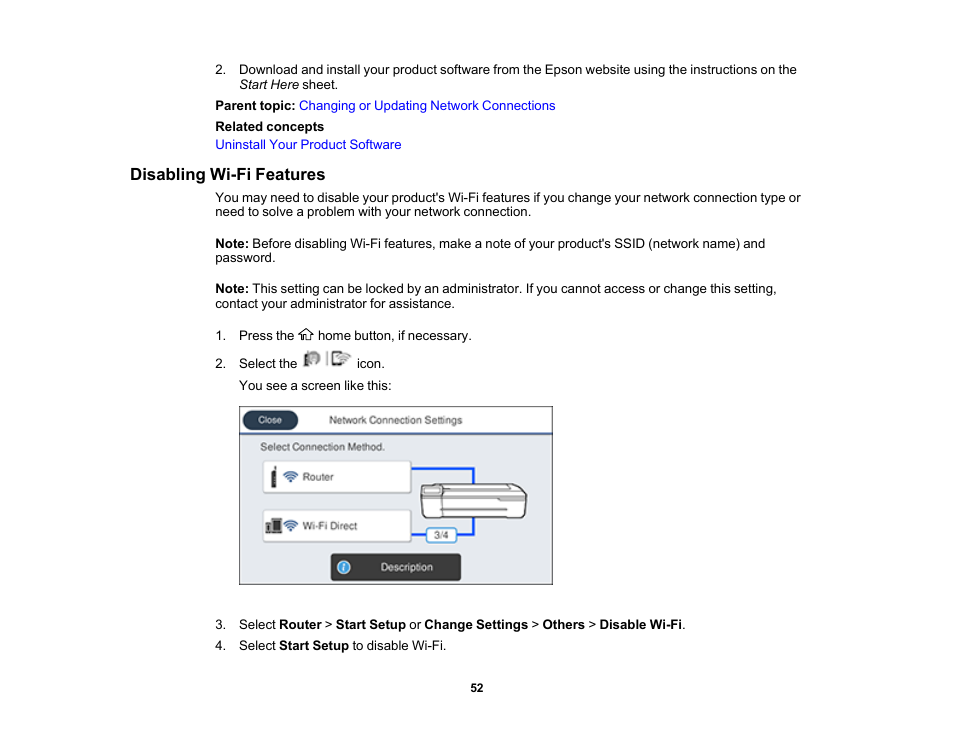 Disabling wi-fi features | Epson SureColor T3170x 24" Desktop Printer User Manual | Page 52 / 216