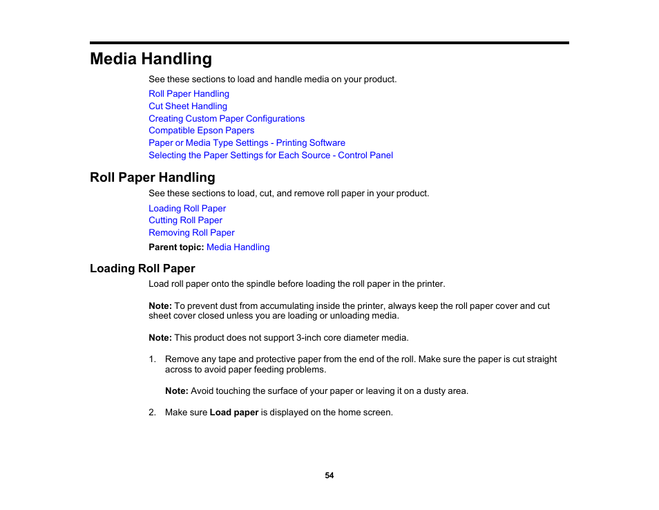 Media handling, Roll paper handling, Loading roll paper | Epson SureColor T3170x 24" Desktop Printer User Manual | Page 54 / 216