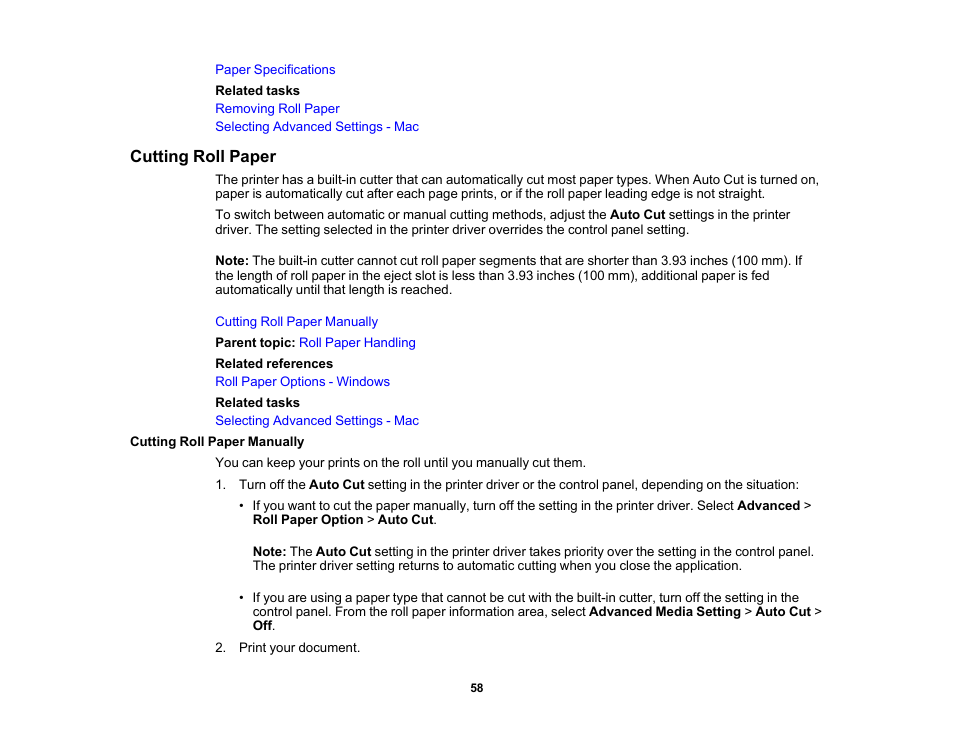 Cutting roll paper, Cutting roll paper manually | Epson SureColor T3170x 24" Desktop Printer User Manual | Page 58 / 216