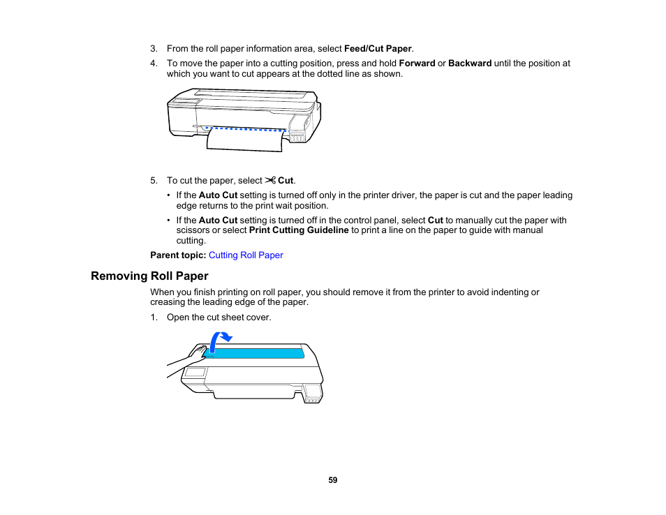 Removing roll paper | Epson SureColor T3170x 24" Desktop Printer User Manual | Page 59 / 216