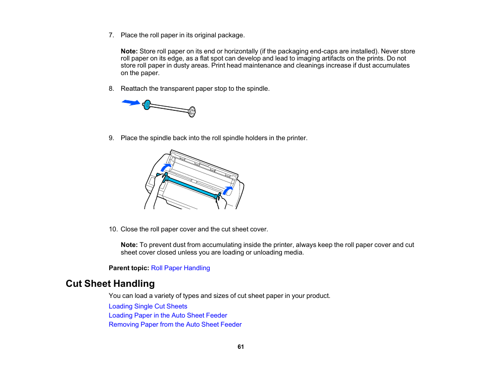 Cut sheet handling | Epson SureColor T3170x 24" Desktop Printer User Manual | Page 61 / 216