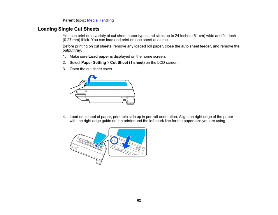 Loading single cut sheets | Epson SureColor T3170x 24" Desktop Printer User Manual | Page 62 / 216