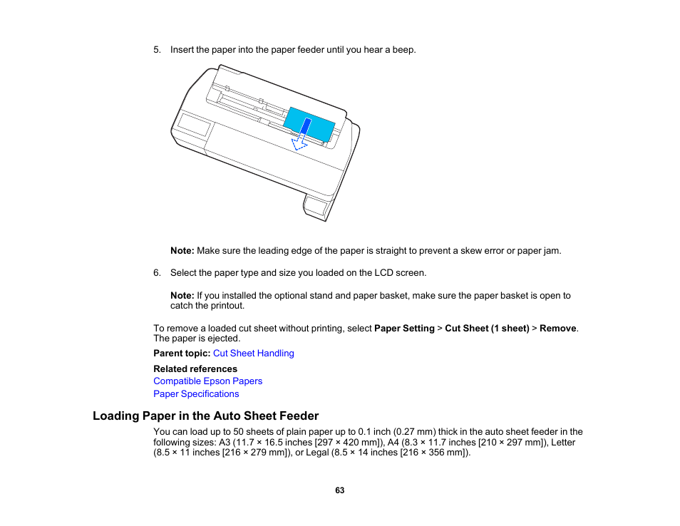 Loading paper in the auto sheet feeder | Epson SureColor T3170x 24" Desktop Printer User Manual | Page 63 / 216