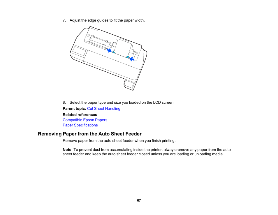 Removing paper from the auto sheet feeder | Epson SureColor T3170x 24" Desktop Printer User Manual | Page 67 / 216