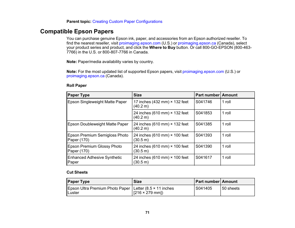 Compatible epson papers | Epson SureColor T3170x 24" Desktop Printer User Manual | Page 71 / 216