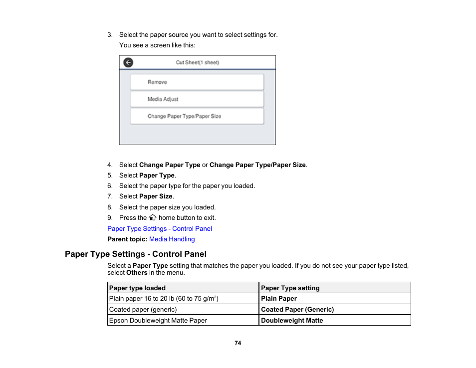 Paper type settings - control panel | Epson SureColor T3170x 24" Desktop Printer User Manual | Page 74 / 216