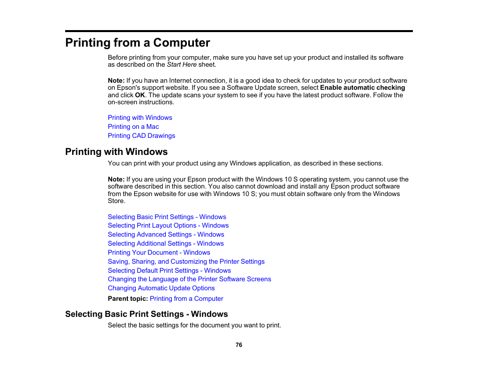 Printing from a computer, Printing with windows, Selecting basic print settings - windows | Epson SureColor T3170x 24" Desktop Printer User Manual | Page 76 / 216